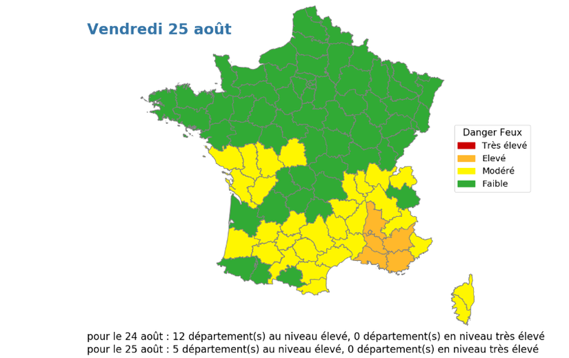Les estimations de danger de feu de forêt ce vendredi 25 août.