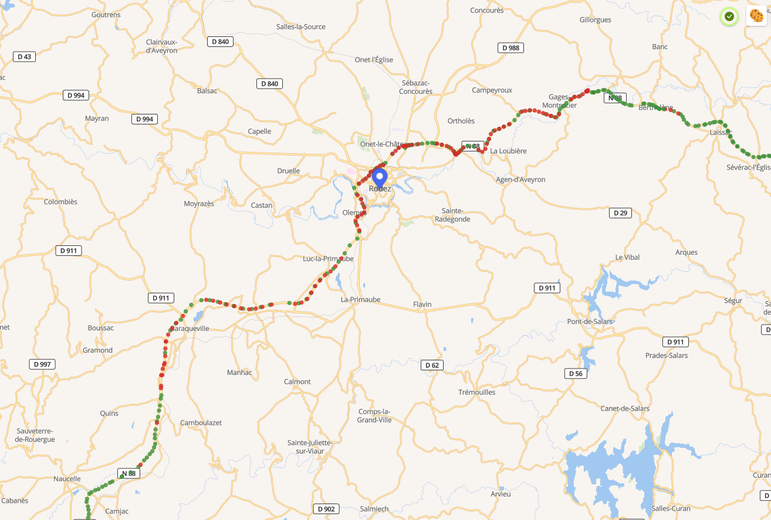 On voit ici que Free a une mauvaise qualité de réseau sur la RN 88 en approchant de Rodez.