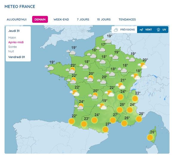 Les prévisions pour ce jeudi 31 août 2023 après-midi.