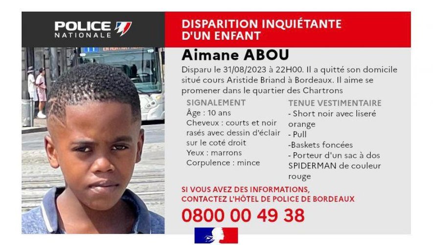 La police nationale a lancé un appel à témoins, le 1er septembre 2023, pour retrouver lAimane, 10 ans, disparu à Bordeaux (Gironde).