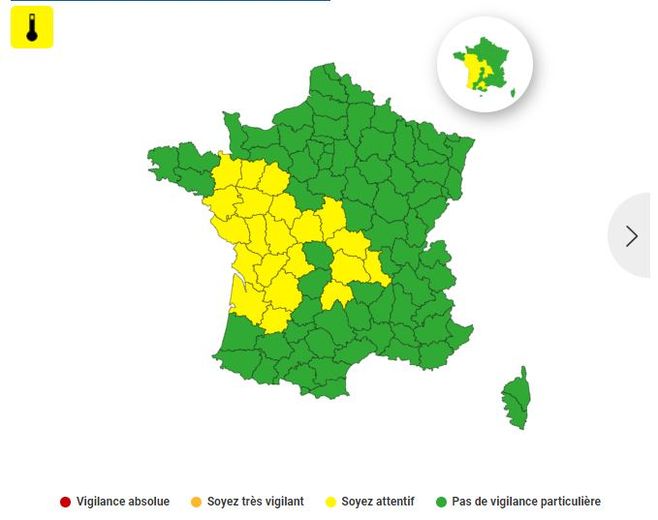 21 départements devront surveiller la forte hausse des températures, ce lundi 4 septembre 2023.