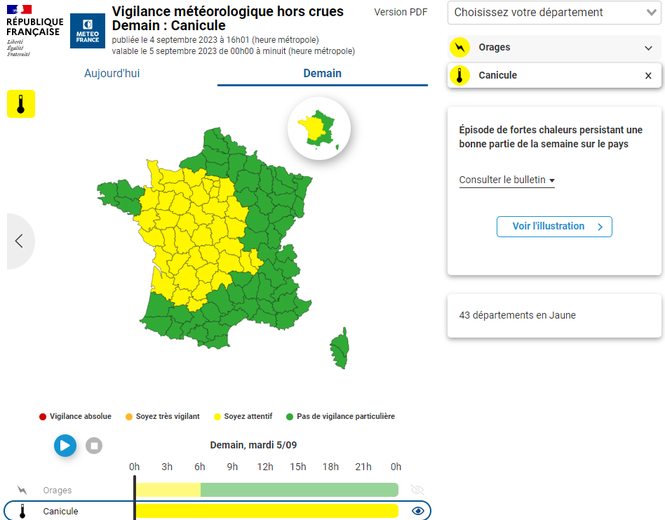 Voici les 43 départements en vigilance canicule.
