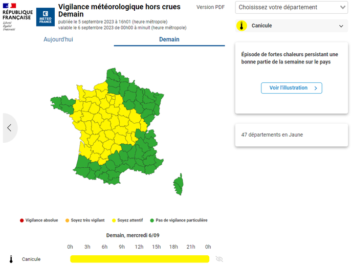 Les 47 départements concernés par la vigilance canicule.