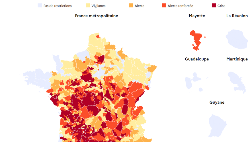 La carte des niveaux de sécheresse en France au 6 septembre 2023.