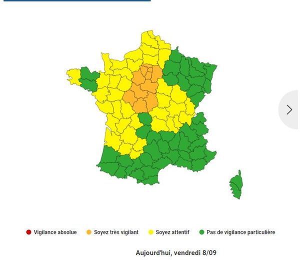 14 départements en vigilance orange, ce vendredi 8 septembre 2023.