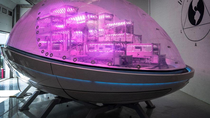 Le BioPod en forme d'oeuf est éclairé par des leds qui donnent à ses 100 m2 d'espace intérieur une lumière violette. Il permet de tester la résistance de plantes et d'en cultiver.