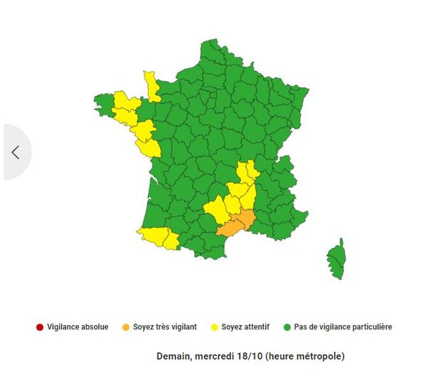 Vigilance orange dans deux départements d'Occitanie, mercredi 18 octobre 2023.
