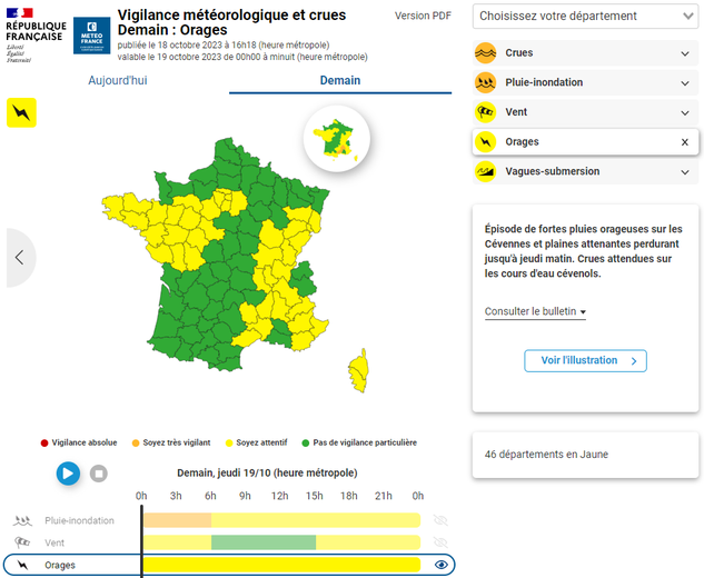 Les départements en vigilance orages.