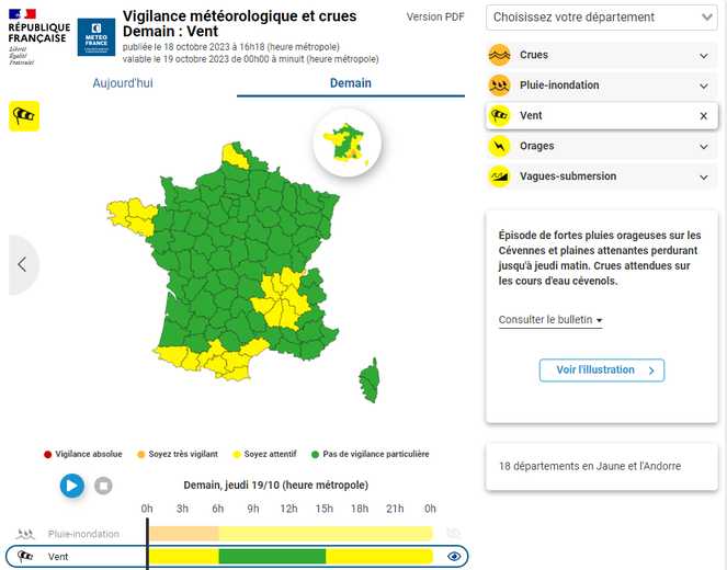 Les départements en vigilance vent violent.
