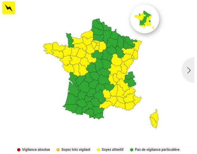 La vigilance jaune orages est celle qui touchera le plus de départements.