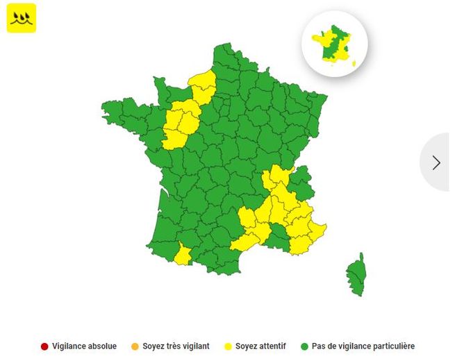 17 départements en vigilance jaune pluie-inondation, dont les quatre qui étaient en orange la veille.