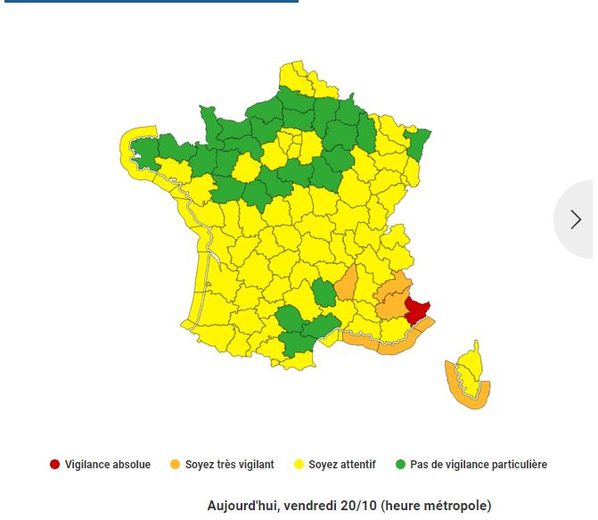 Les départements exemptés de toute vigilance se font un peu plus rares, ce vendredi 20 octobre 2023.