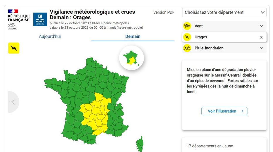 17 départements en vigilance jaune orages.