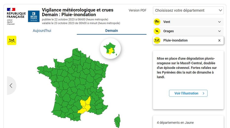 Quatre départements sont concernés par l'alerte pluie-inondation.