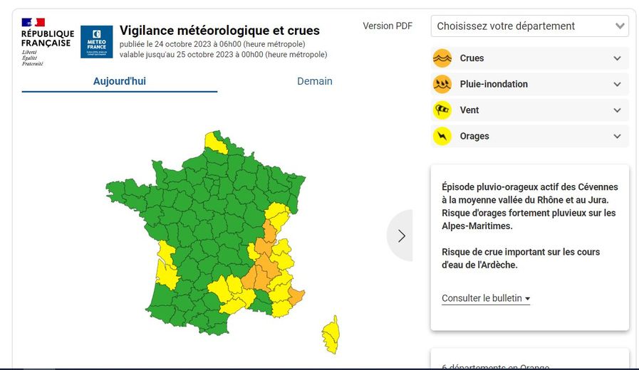 6 départements en vigilance orange, 18 en vigilance jaune.