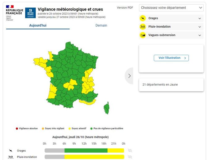La vigilance jaune passe de 12 à 21 départements ce 26 octobre matin.