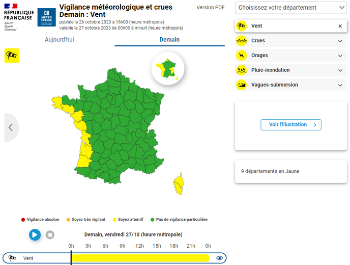 Les départements en vigilance vent.