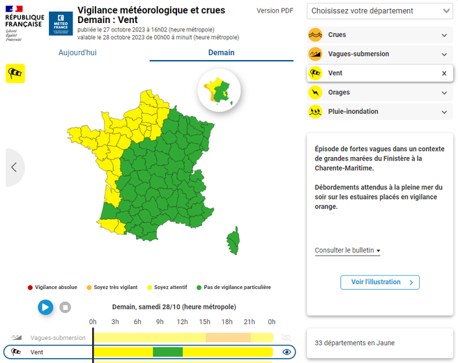33 départements en vigilance vent violent.