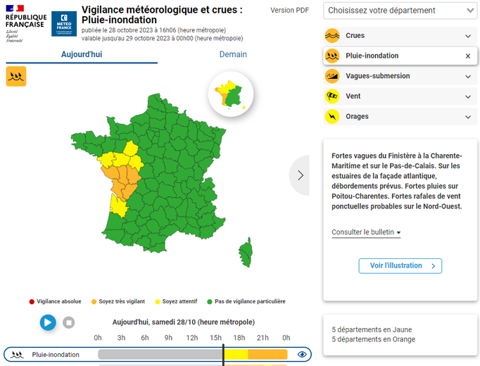 Les départements en vigilance pluie-inondation.