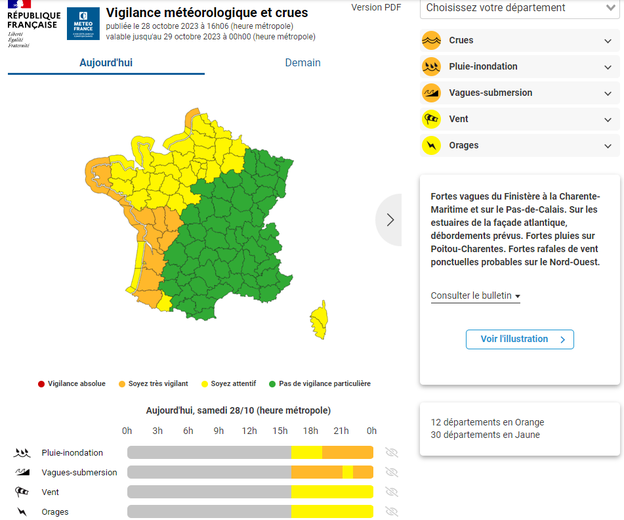 12 départements en orange et 30 en jaune ce samedi.