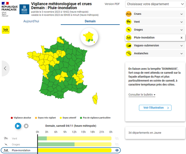 Les départements en vigilance pluie-inondation.