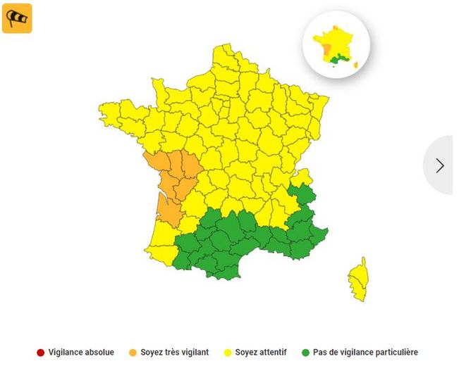 70 départements en jaune et 6 en orange pour la vigilance vent, ce samedi 4 novembre 2023.