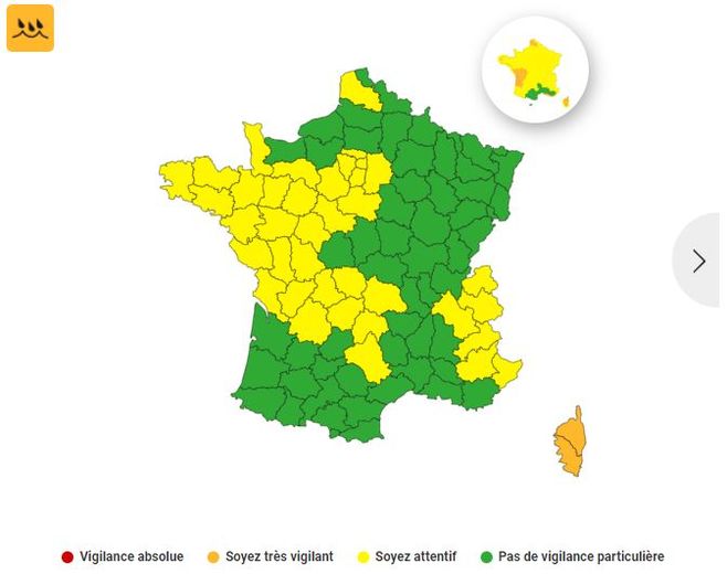 De nombreux autres territoires verront une vigilance pluie les toucher. Dont la Corse, en orange.