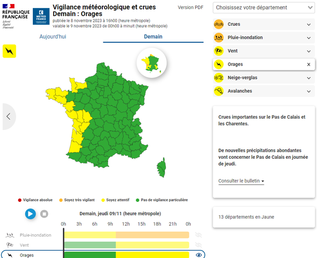 13 départements en vigilance orages.