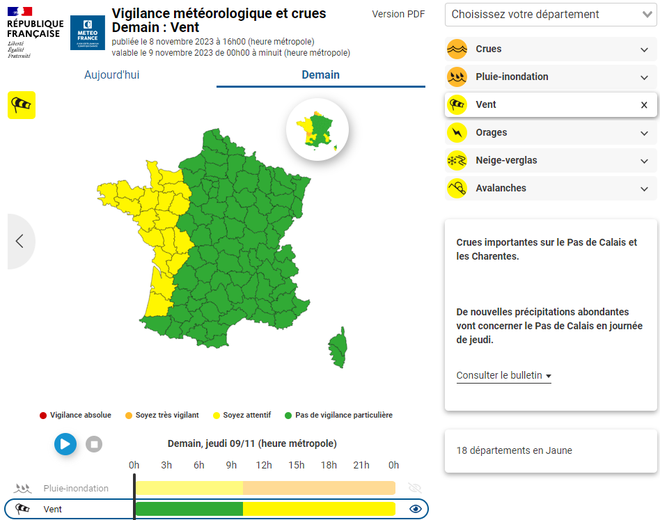 18 départements en vigilance vent.