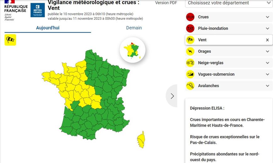 Les départements placés en vigilance jaune vents violents.