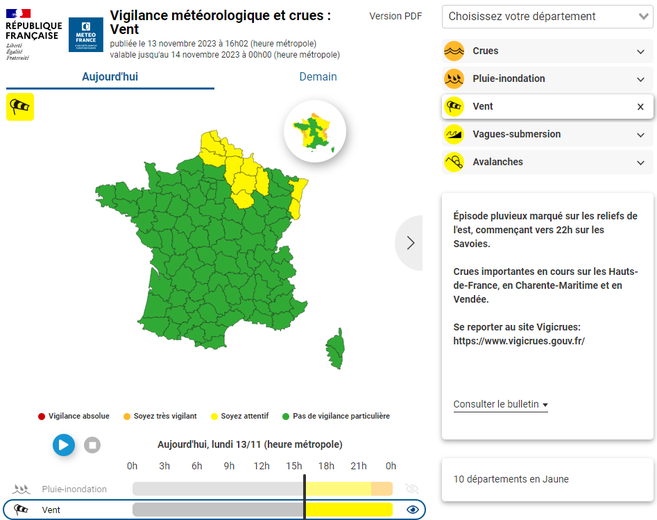10 départements en vigilance vents.
