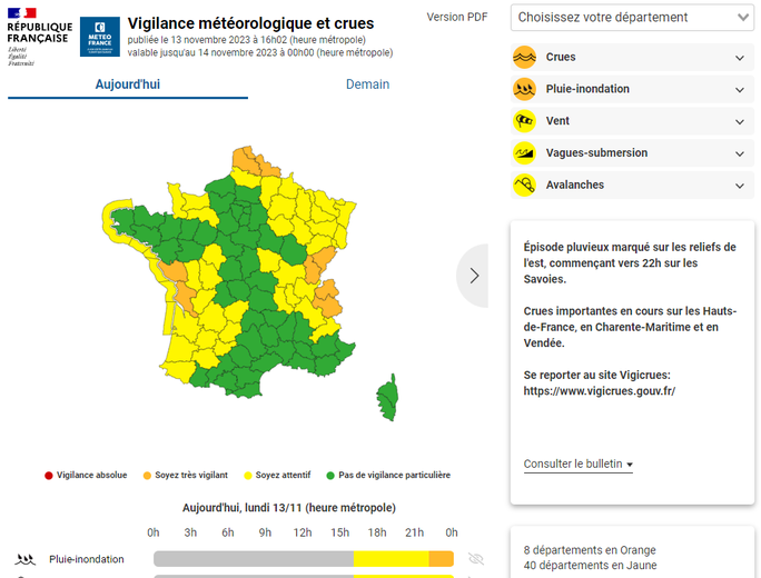 8 départements en orange et 40 en jaune toute la nuit jusqu'à mardi.