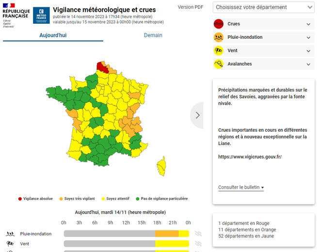 Le Pas-de-Calais en rouge, 11 départements en orange et 52 en jaune.
