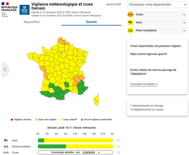 7 départements en orange et 74 en jaune ce jeudi.