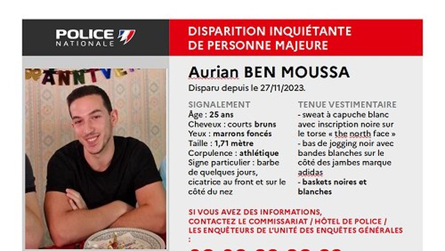 Aurian Ben Moussa, 25 ans, est recherché par la police, à Nantes. Il n'a plus donné de signe de vie depuis le 27 novembre.
