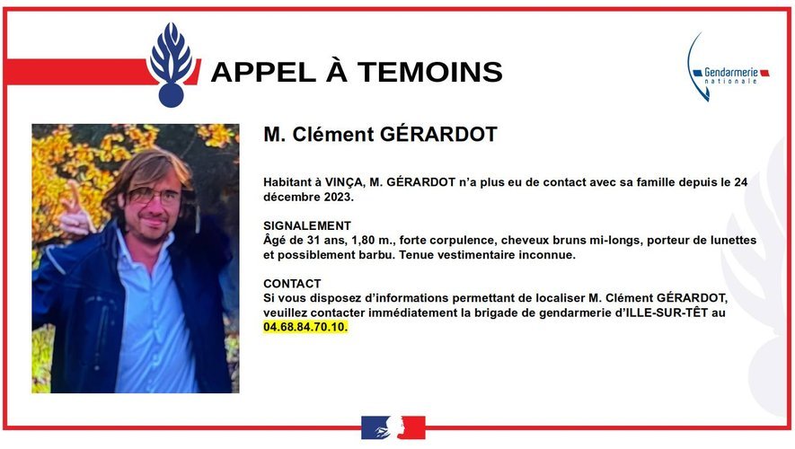 Clément Gérardot n'a plus donné signe de vie depuis le 24 décembre 2023.