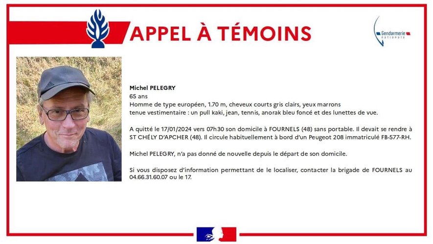 Michel Pelegry, 65 ans, ne donne plus de nouvelle depuis mercredi matin.