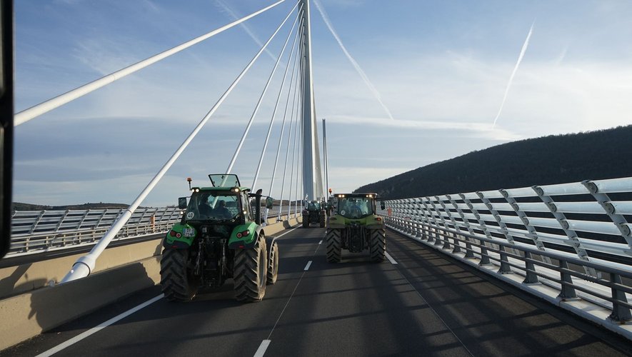Les tracteurs ont traverséle viaduc de Millau pourune opération escargotde grande ampleur sur l’A75 depuis Sévérac-d’Aveyron avant de descendre dansle centre-ville de Millau.