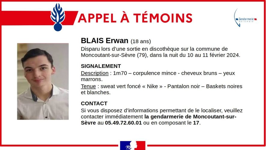 Erwan Blais, 18 ans n'a plus donné de signe de vie depuis une sortie de discothèque, dans les Deux-Sèvres, dans la nuit du 10 au 11 février 2024.