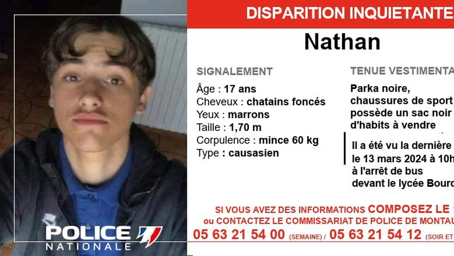 Nathan a disparu depuis mercredi matin.