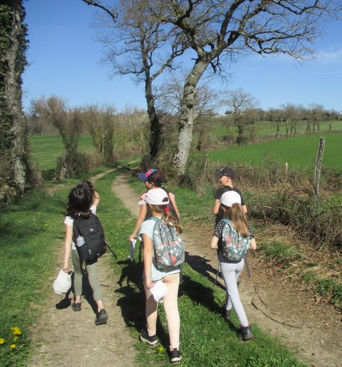Un petit groupe d’élèves sur un chemin tout près du village.