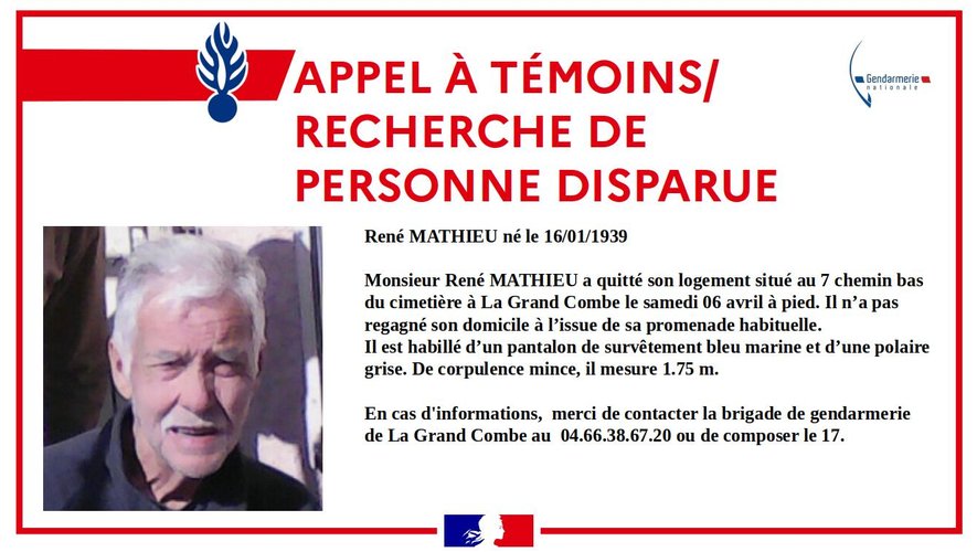 René Mathieu, 85 ans, a disparu depuis ce samedi 6 avril.