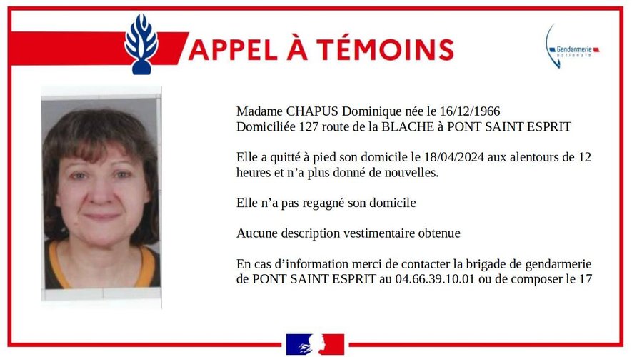 Appel à témoins lancé pour retrouver Dominique Chapus.