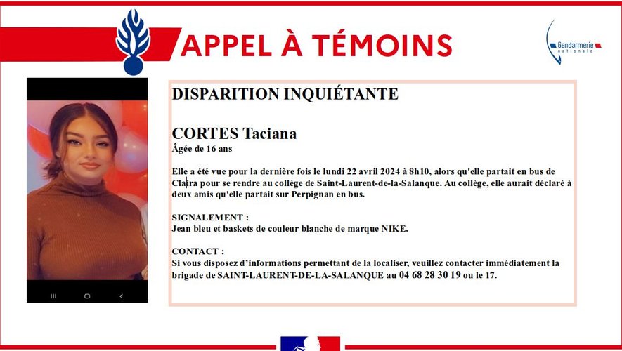 Taciana Cortes, âgée de 16 ans, est introuvable depuis le 22 avril.