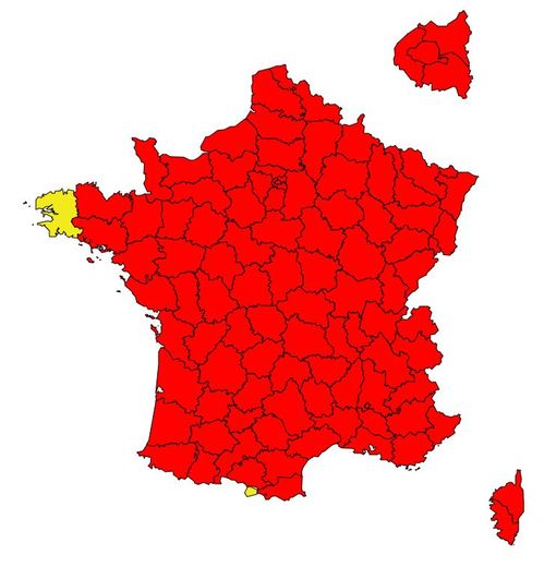 una cartina.  Allergia ai pollini: Francia in rosso, solo un dipartimento resistente
