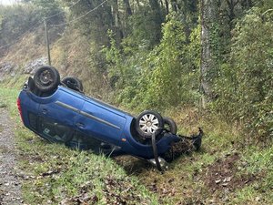 Impressionnante sortie de route en Aveyron : le véhicule se retrouve sur le toit, sur la RD840 à Auzits