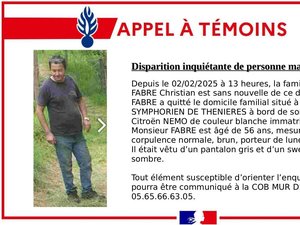 Disparition inquiétante en Aveyron : on recherche Christian Fabre, 56 ans, qui n'a plus donné de nouvelles depuis le dimanche 2 février