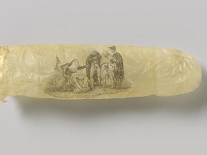 Une religieuse soulevant sa jupe devant trois ecclésiastiques en érection dessinés sur un préservatif vieux de 200 ans exposé au Pays-Bas