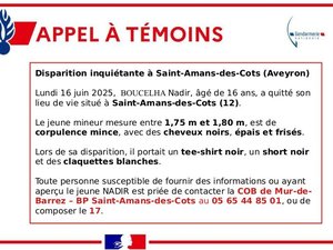 Disparition inquiétante en Aveyron : la gendarmerie lance un appel pour retrouver Nadir, âgé de 16 ans