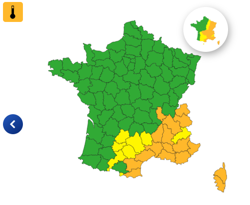 The south-east still on orange heat wave. cards. weather: thermometer descends france,